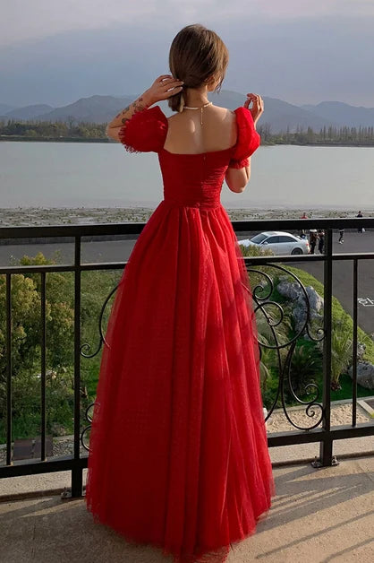 Red Dot Tulle A Line Prom Dress Puff Short Sleeves Sweetheart Ruched Bodice