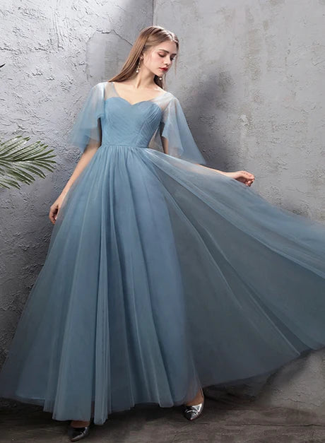 Dusty Blue Tulle A Line Prom Dress Flutter Sleeve Sweetheart Ruched Bodice