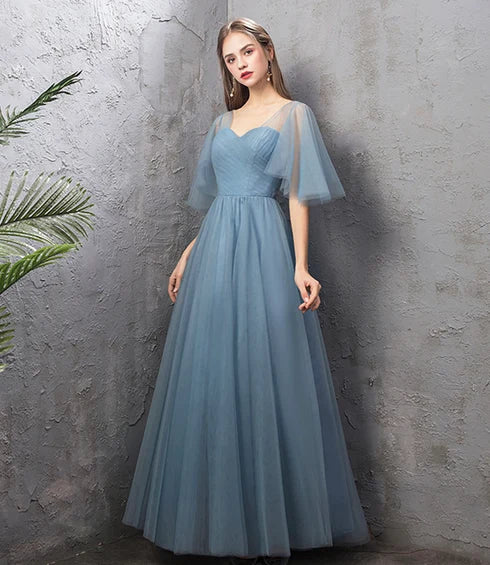 Dusty Blue Tulle A Line Prom Dress Flutter Sleeve Sweetheart Ruched Bodice