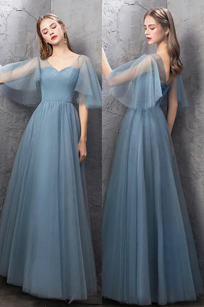 Dusty Blue Tulle A Line Prom Dress Flutter Sleeve Sweetheart Ruched Bodice