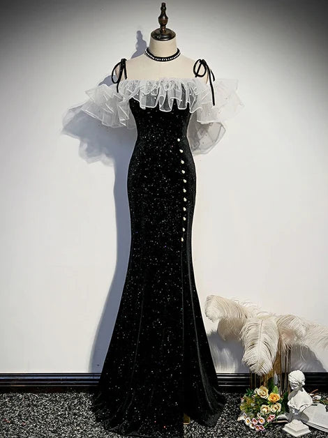Black Sparkle Velvet Mermaid Prom Dress Off Shoulder White Ruffle Tulle Lace Up Back