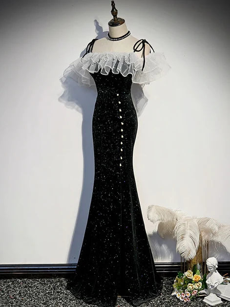 Black Sparkle Velvet Mermaid Prom Dress Off Shoulder White Ruffle Tulle Lace Up Back