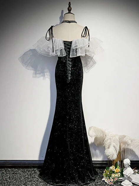 Black Sparkle Velvet Mermaid Prom Dress Off Shoulder White Ruffle Tulle Lace Up Back