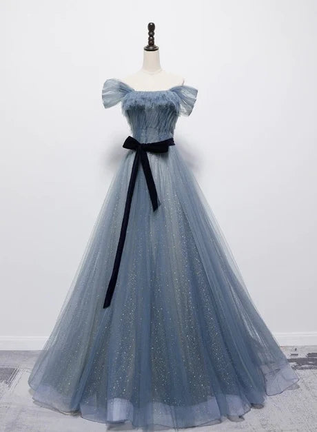 Dusty Blue Off Shoulder Glitter Tulle A Line Prom Dress With Black Velvet Bow Sash