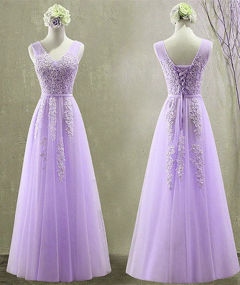 Lavender V Neck Sleeveless Lace Tulle A Line Prom Dress Corset Lace Up Back