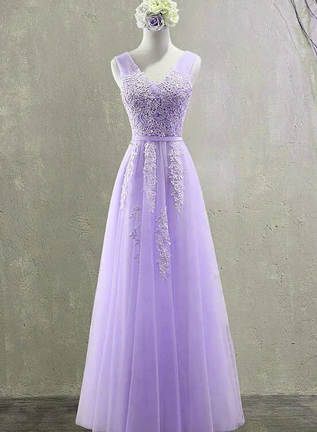 Lavender V Neck Sleeveless Lace Tulle A Line Prom Dress Corset Lace Up Back