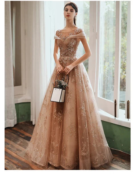 Champagne Off Shoulder Beaded Lace A Line Prom Dress Corset Lace Up Back