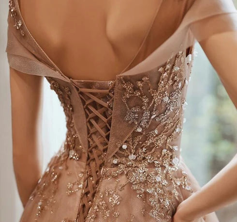 Champagne Off Shoulder Beaded Lace A Line Prom Dress Corset Lace Up Back