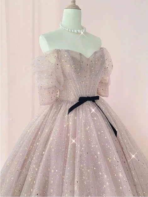 Blush Pink Off The Shoulder Puff Sleeve Glitter Tulle Ball Gown With Black Bow
