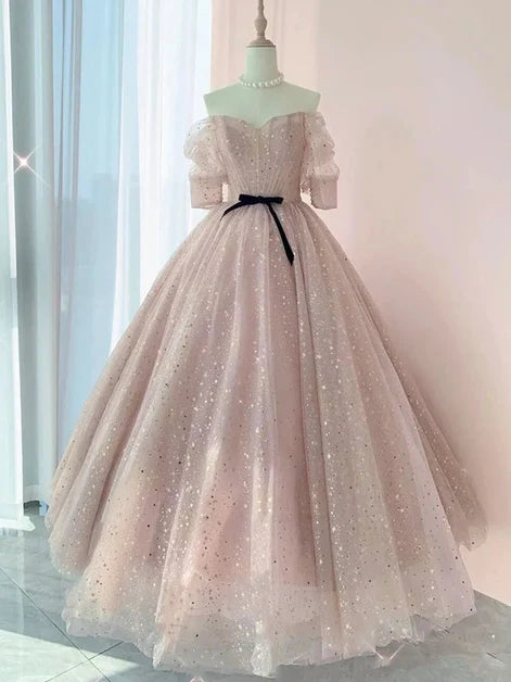 Blush Pink Off The Shoulder Puff Sleeve Glitter Tulle Ball Gown With Black Bow