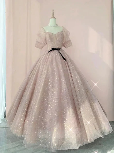 Blush Pink Off The Shoulder Puff Sleeve Glitter Tulle Ball Gown With Black Bow