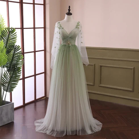 Sage Green Ombre Tulle V Neck Long Sleeve Prom Dress Floral Appliques Lace Up Back
