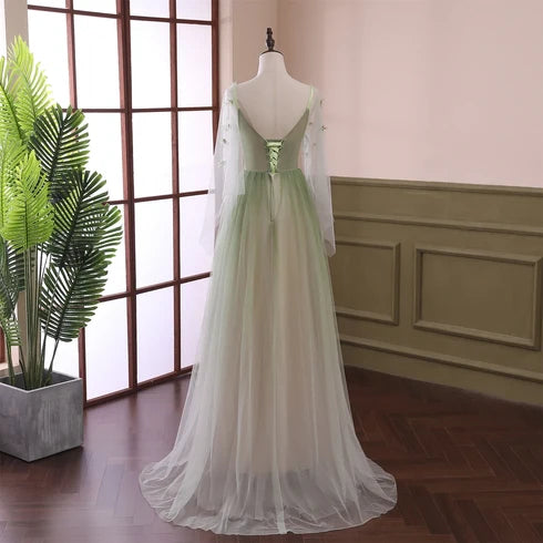 Sage Green Ombre Tulle V Neck Long Sleeve Prom Dress Floral Appliques Lace Up Back