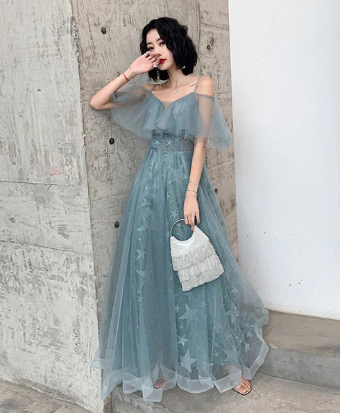 Dusty Blue Off Shoulder Star Embroidery Tulle A Line Prom Dress