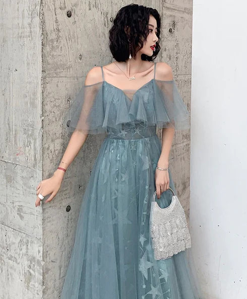 Dusty Blue Off Shoulder Star Embroidery Tulle A Line Prom Dress