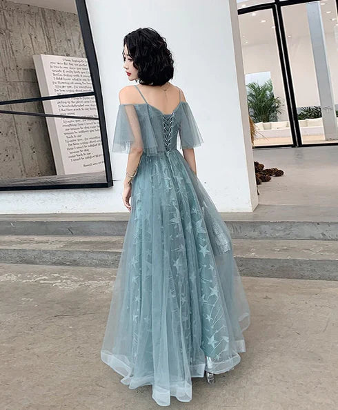 Dusty Blue Off Shoulder Star Embroidery Tulle A Line Prom Dress