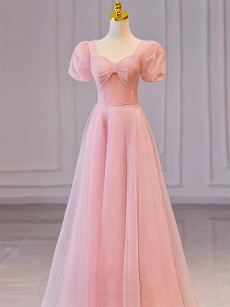 Pink Puff Sleeve Bow Sweetheart Glitter Tulle A Line Prom Dress