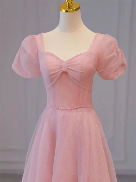 Pink Puff Sleeve Bow Sweetheart Glitter Tulle A Line Prom Dress