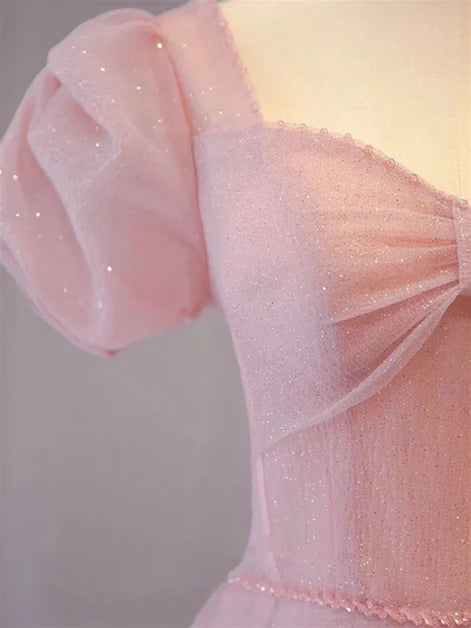 Pink Puff Sleeve Bow Sweetheart Glitter Tulle A Line Prom Dress