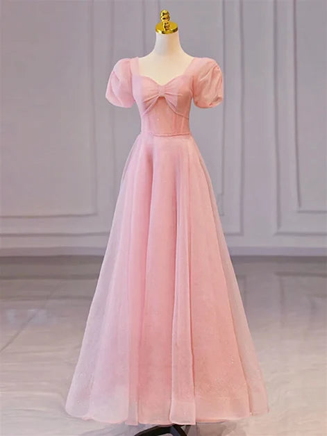 Pink Puff Sleeve Bow Sweetheart Glitter Tulle A Line Prom Dress