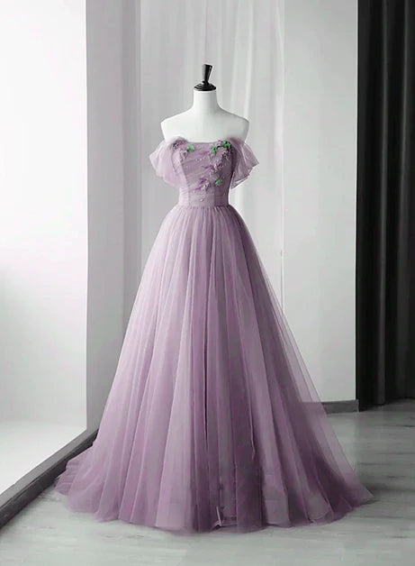 Lavender Off The Shoulder Floral Tulle A Line Prom Dress