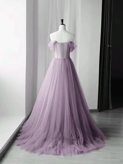 Lavender Off The Shoulder Floral Tulle A Line Prom Dress