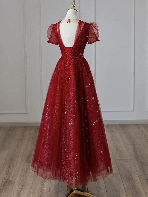 Red V Neck Puff Sleeve Glitter Tulle Ankle Length Prom Dress