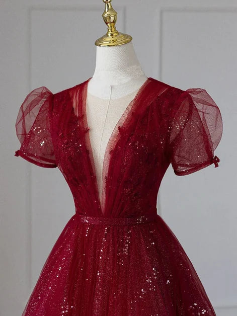 Red V Neck Puff Sleeve Glitter Tulle Ankle Length Prom Dress
