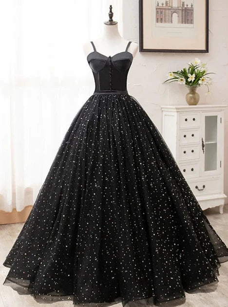 Black Spaghetti Strap Corset Star Glitter Tulle Ball Gown