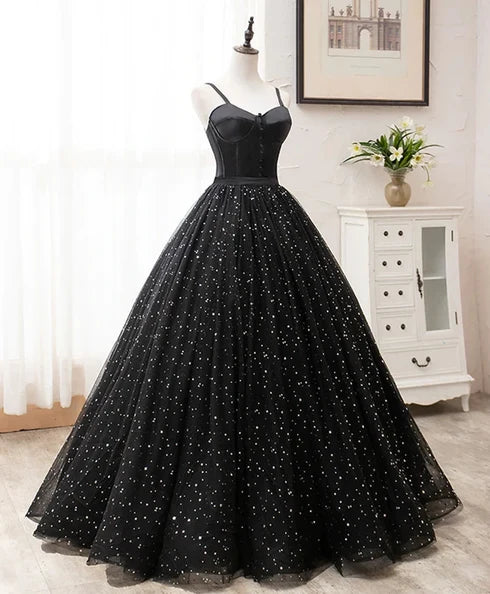 Black Spaghetti Strap Corset Star Glitter Tulle Ball Gown