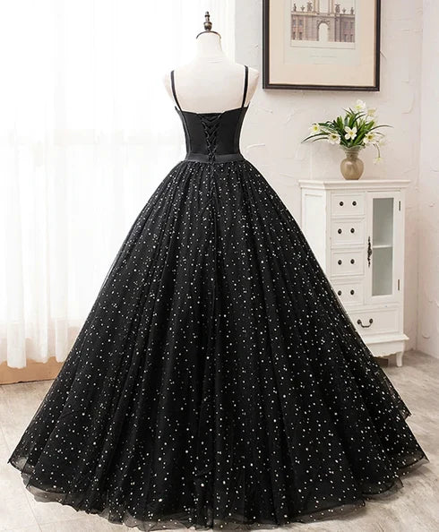 Black Spaghetti Strap Corset Star Glitter Tulle Ball Gown
