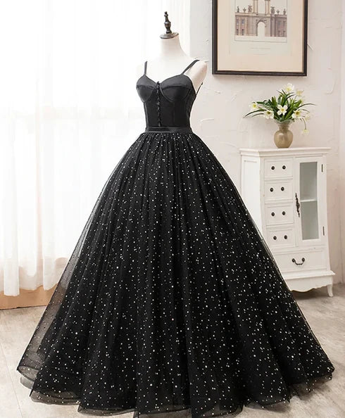 Black Spaghetti Strap Corset Star Glitter Tulle Ball Gown