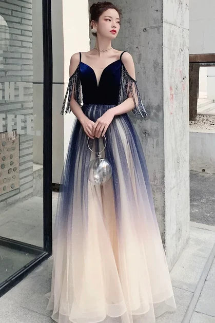 Navy Velvet Spaghetti Strap Fringe Gradient Tulle Prom Dress