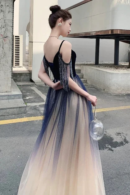 Navy Velvet Spaghetti Strap Fringe Gradient Tulle Prom Dress