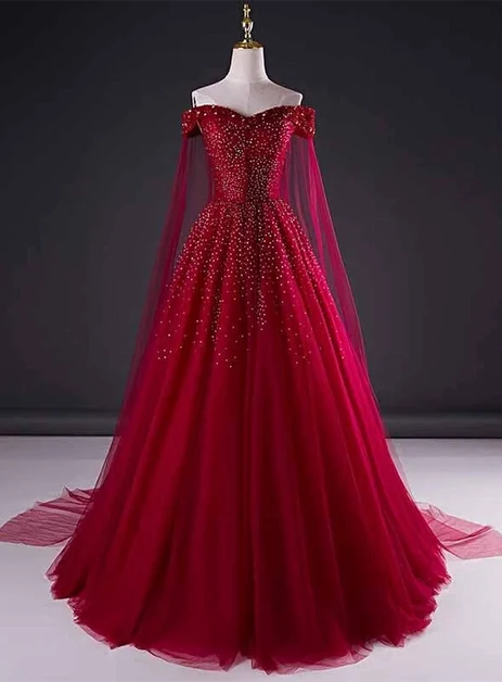 Burgundy Off Shoulder Beaded Tulle Prom Dress With Sheer Cape Sleeves