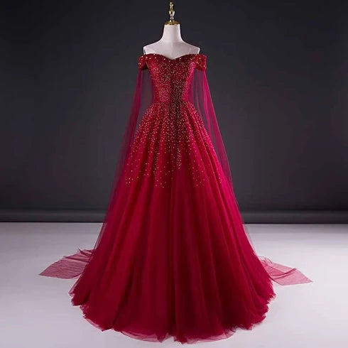 Burgundy Off Shoulder Beaded Tulle Prom Dress With Sheer Cape Sleeves