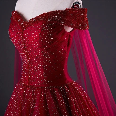 Burgundy Off Shoulder Beaded Tulle Prom Dress With Sheer Cape Sleeves
