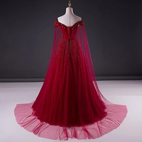 Burgundy Off Shoulder Beaded Tulle Prom Dress With Sheer Cape Sleeves