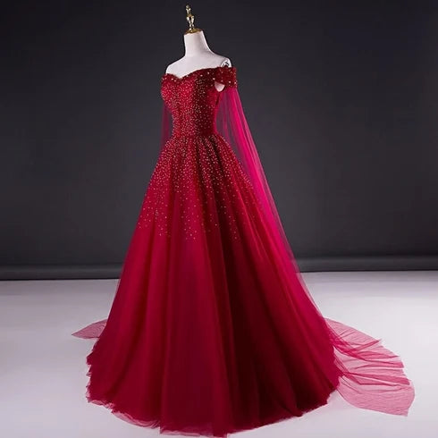 Burgundy Off Shoulder Beaded Tulle Prom Dress With Sheer Cape Sleeves