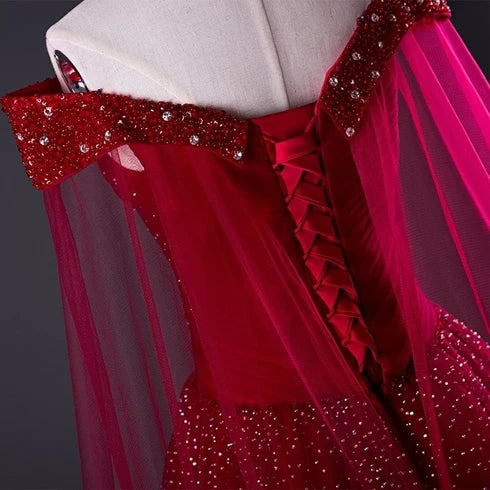 Burgundy Off Shoulder Beaded Tulle Prom Dress With Sheer Cape Sleeves