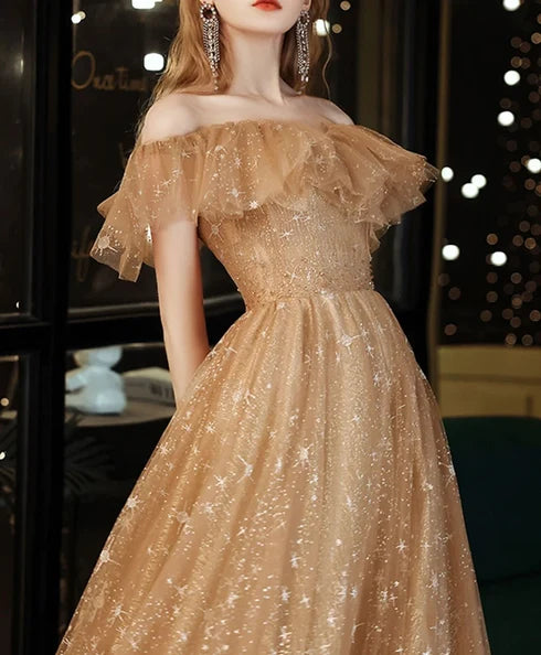 Champagne Off Shoulder Ruffle Star Glitter Tulle Prom Dress
