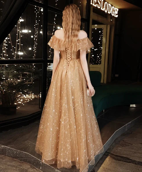 Champagne Off Shoulder Ruffle Star Glitter Tulle Prom Dress