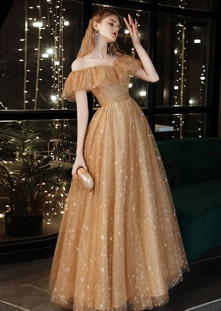 Champagne Off Shoulder Ruffle Star Glitter Tulle Prom Dress
