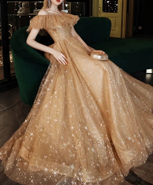 Champagne Off Shoulder Ruffle Star Glitter Tulle Prom Dress