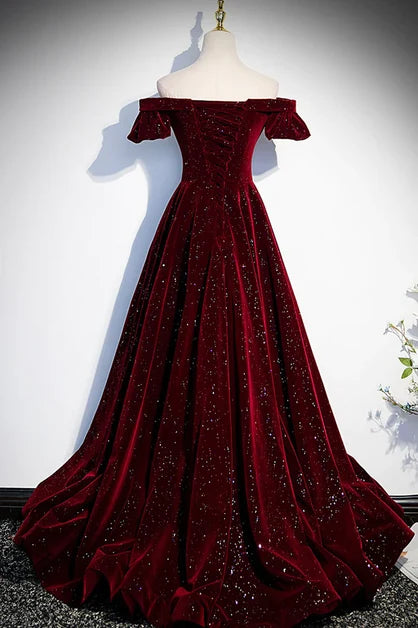 Burgundy Off Shoulder Puff Sleeve Sparkle Velvet Prom Dress With Train