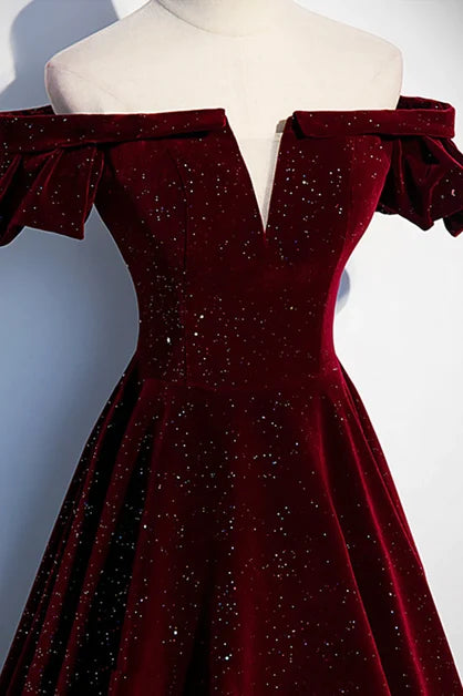 Burgundy Off Shoulder Puff Sleeve Sparkle Velvet Prom Dress With Train