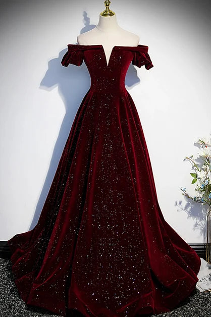 Burgundy Off Shoulder Puff Sleeve Sparkle Velvet Prom Dress With Train
