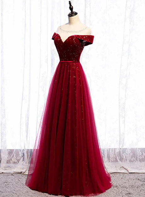 Burgundy Off Shoulder Sparkly Tulle Prom Dress With Beaded Neckline