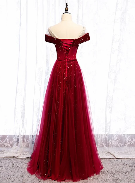 Burgundy Off Shoulder Sparkly Tulle Prom Dress With Beaded Neckline