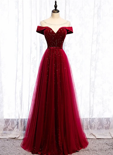 Burgundy Off Shoulder Sparkly Tulle Prom Dress With Beaded Neckline